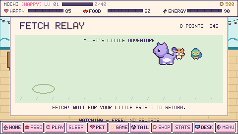 Fetch Relay in the Windows pet app, with the pet running to retrieve a ball and friends cheering