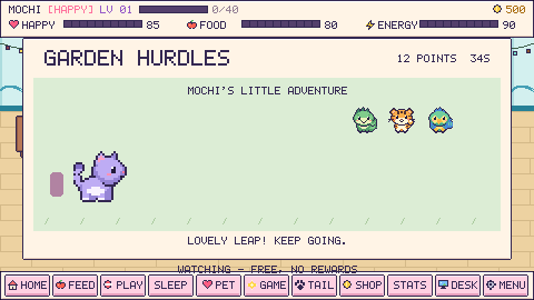 Garden Hurdles in the Windows pet app, with the pet jumping over soft obstacles